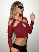 Solid Color Cross Strap Hollow Out Slim Fit Sexy Long Sleeve T-Shirt